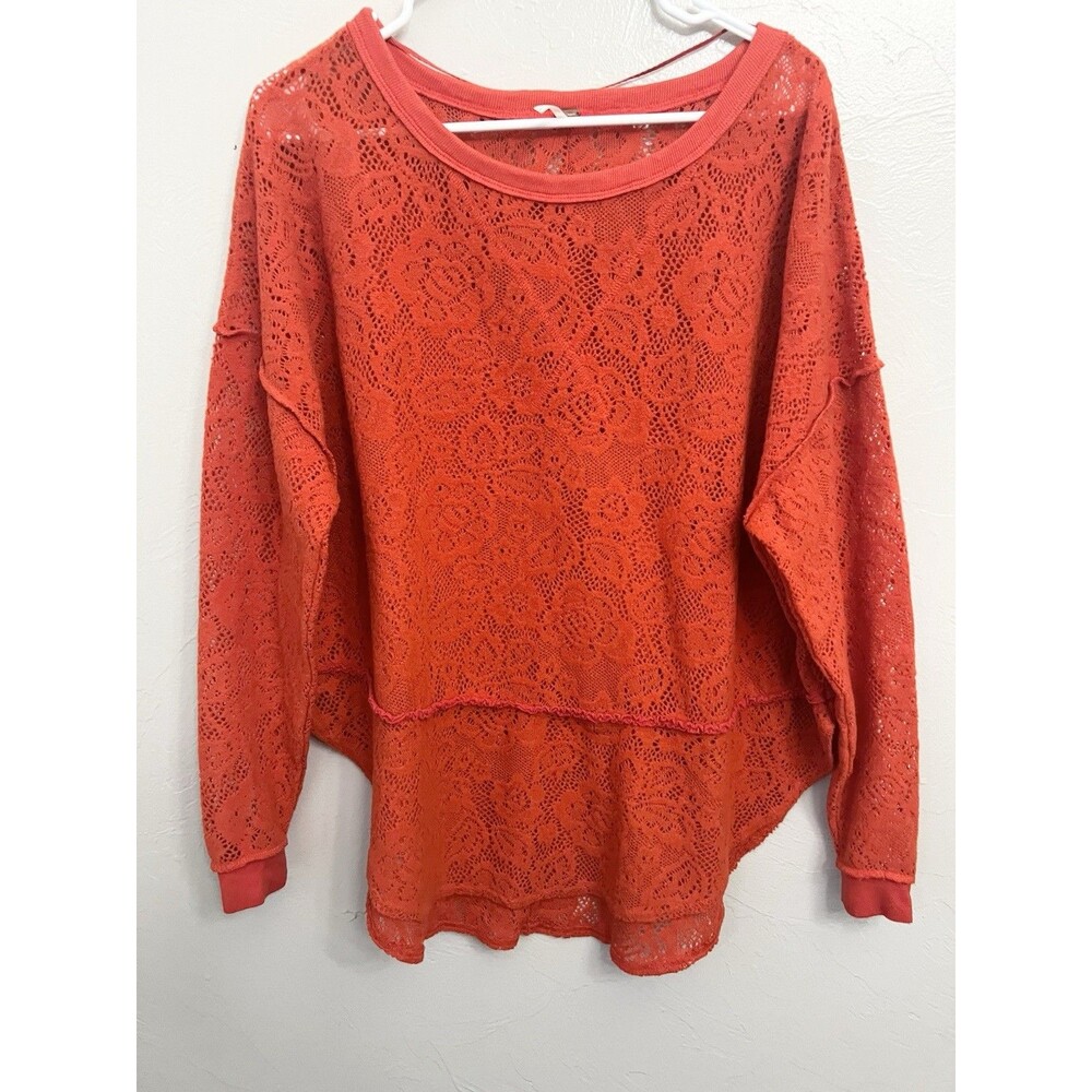 Free People Not Cold in This Lace Sweater Top Small Boxy Oversized Red Orange